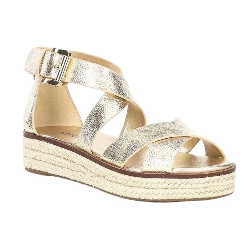 LN Michael Kors Darby Metallic Gold Ankle Wrap Espadrille Platform Sandals - 7